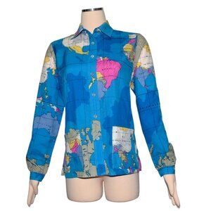 Vintage 70s Button Front Shirt Blouse World Map Print Long Sleeves Pockets M